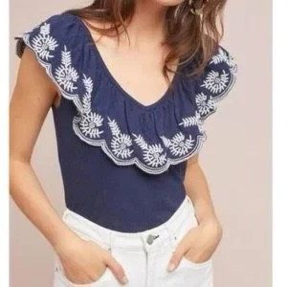 Anthropologie Moulinette Soeurs Embroidered Nautical Navy Sz Medium Top